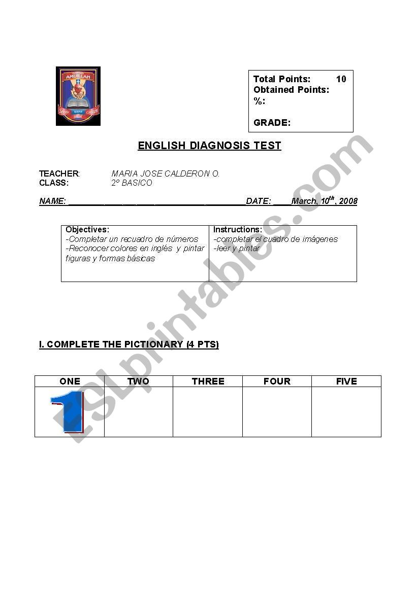 diagnostic test 2nd grade elementary school