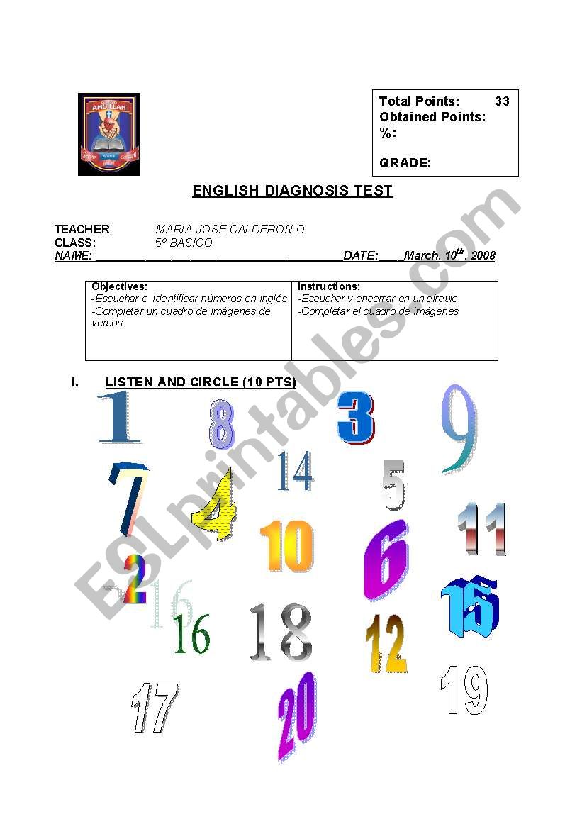 diagnbstic test for elementary school children (5th grade)