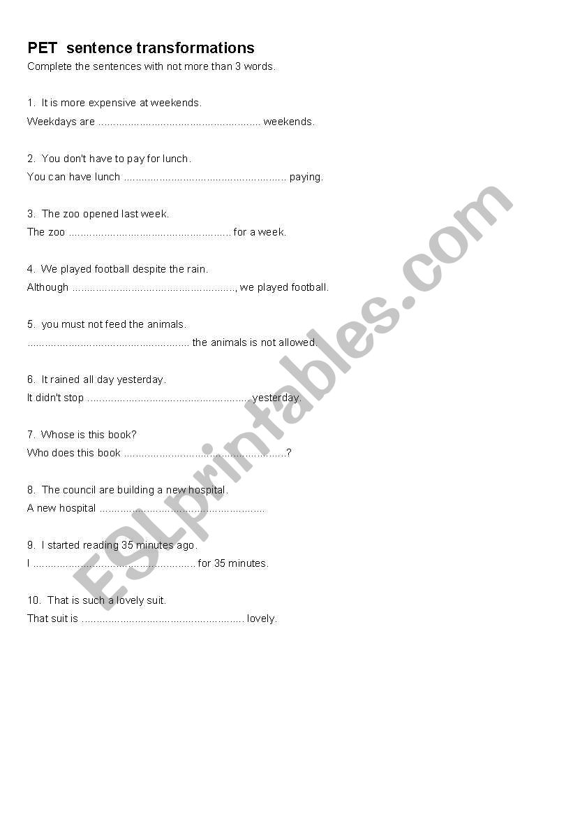 PET sentence transformations worksheet