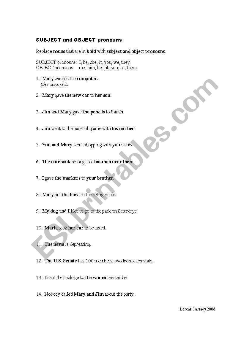 SUBJECT and OBJECT Pronouns worksheet