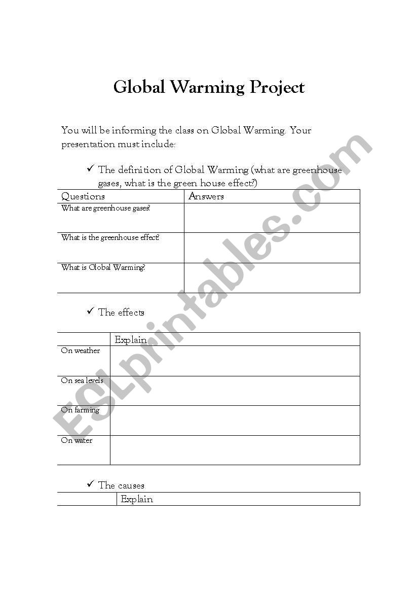 Global Warming Project worksheet