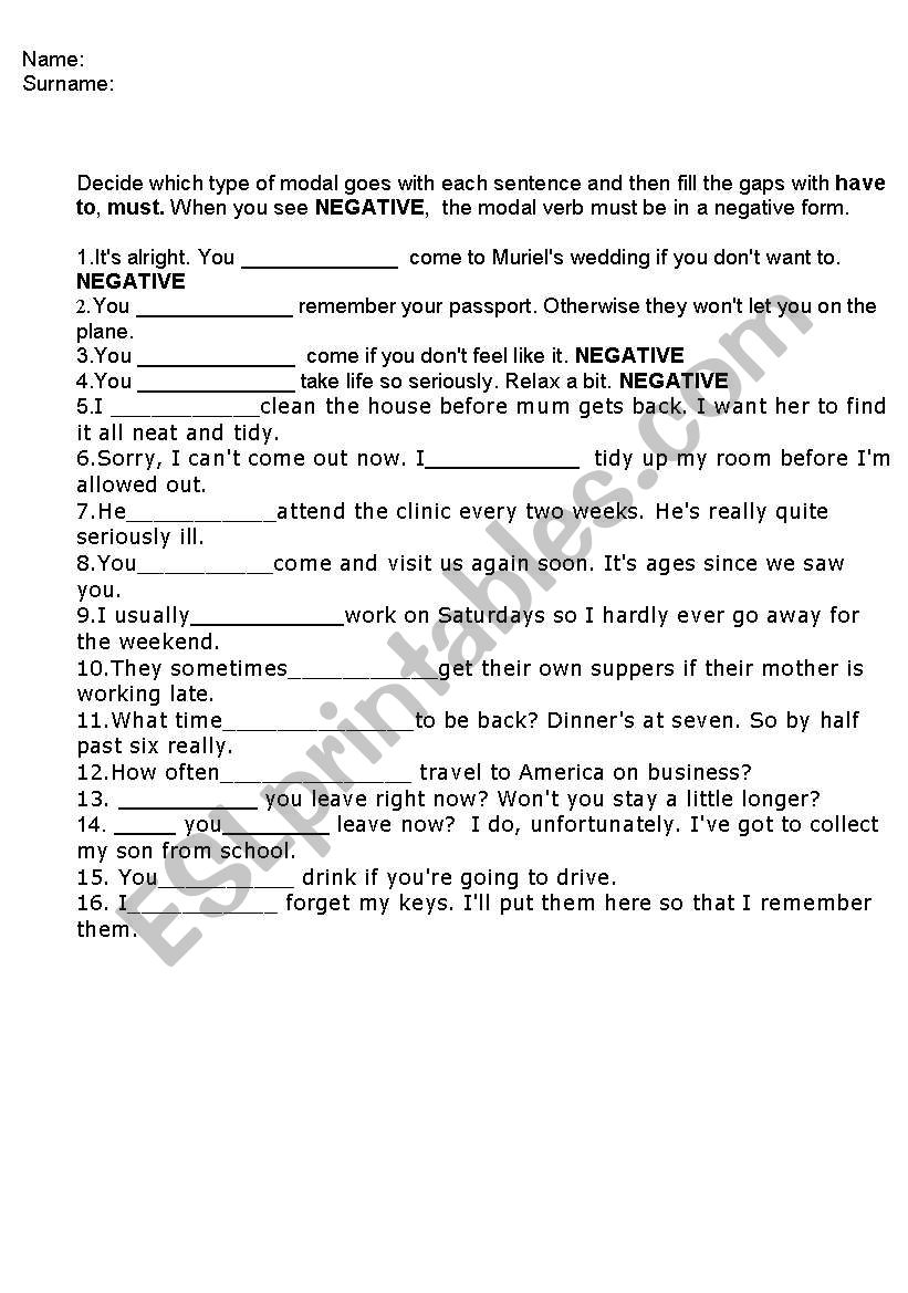 must/have to worksheet
