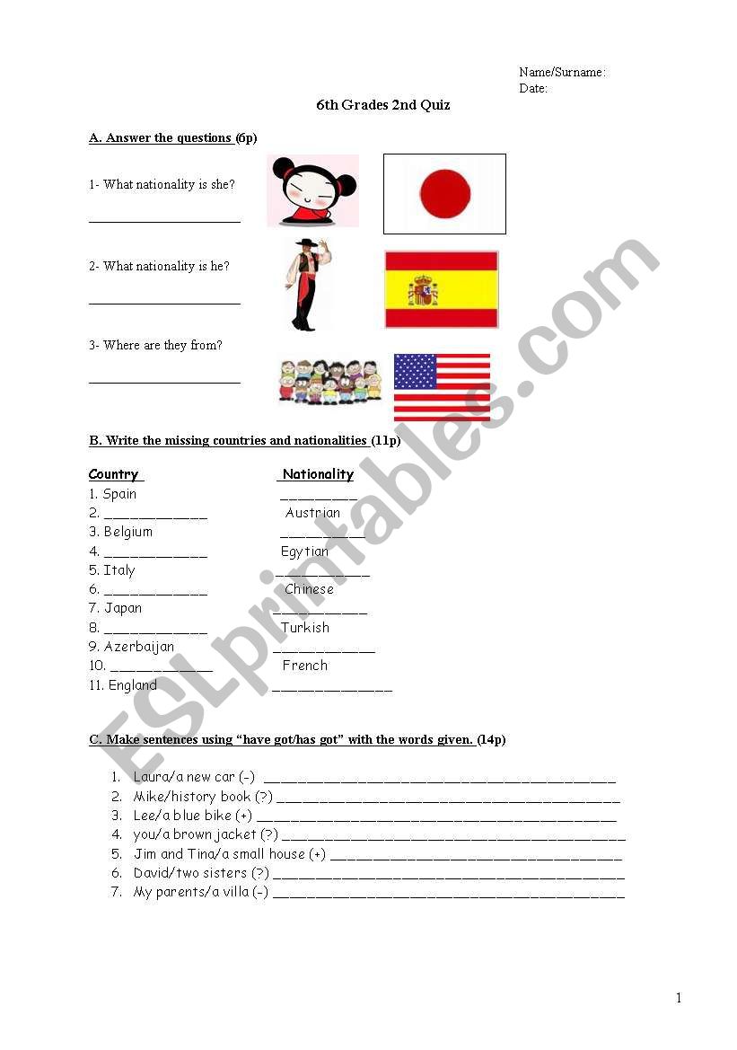 6th Grades Quiz worksheet