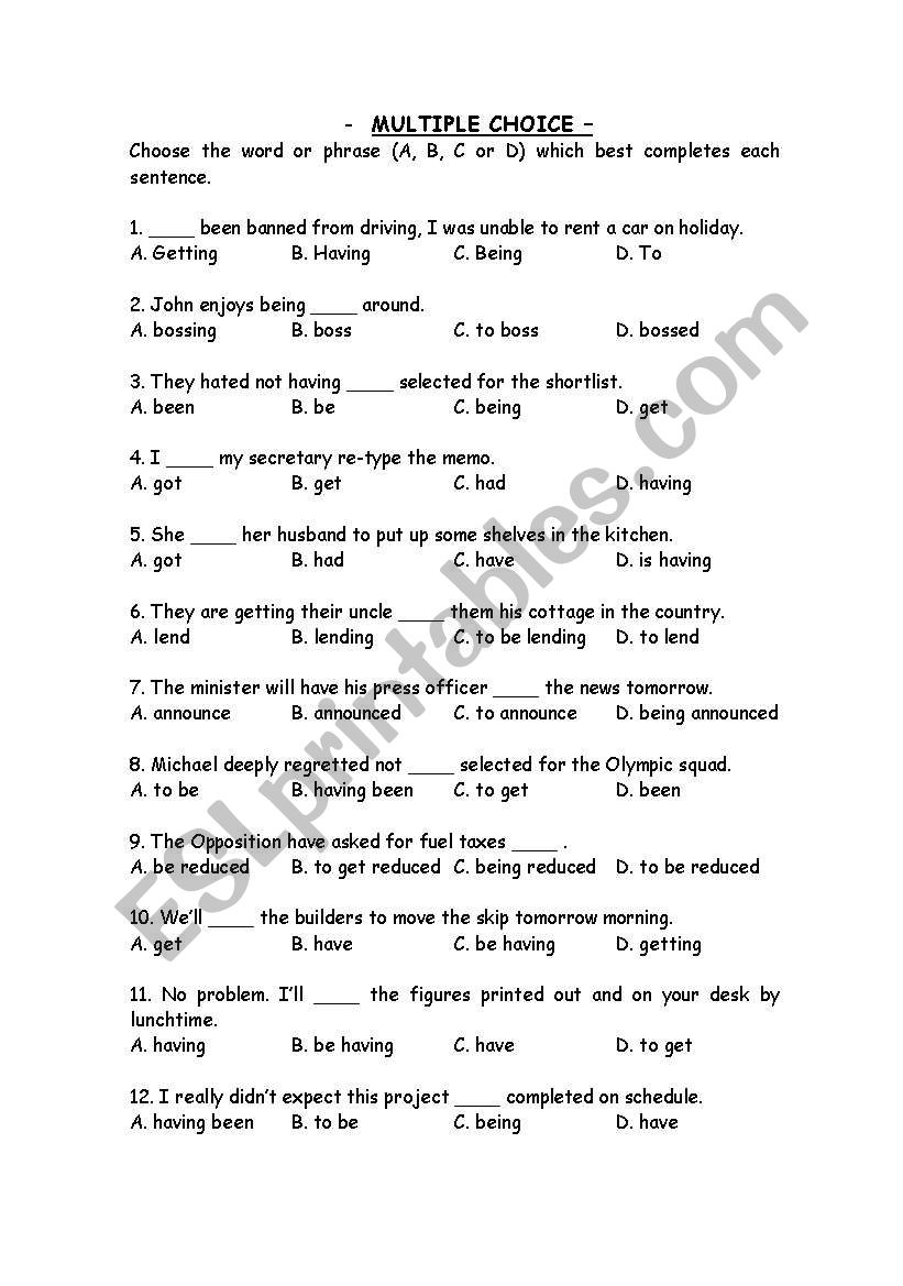 Multiple choice exercise worksheet