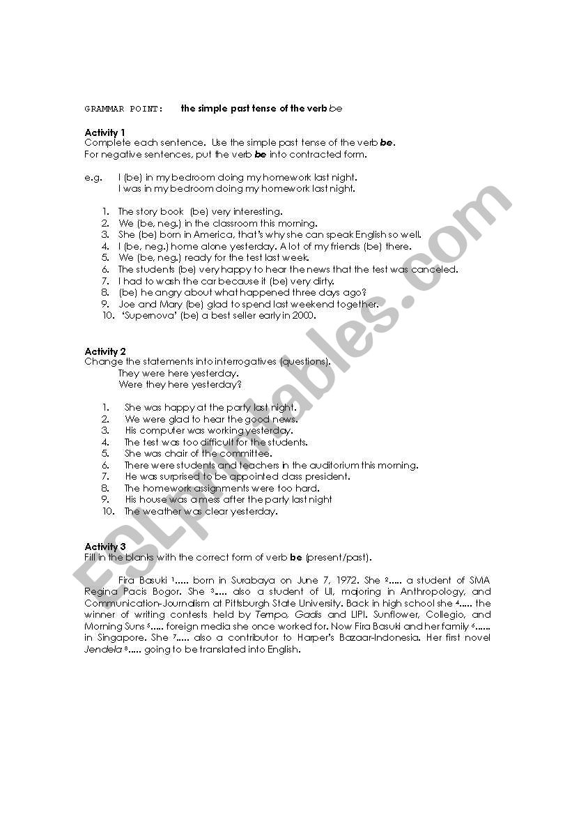 EXERCISE:  Simple Past Form of Be