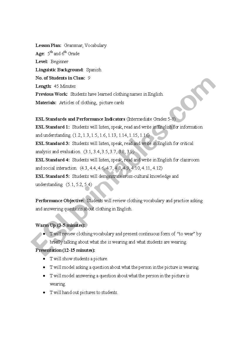 Clothing Lesson Plan/Present Continuous