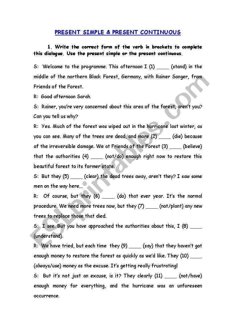 Present simple and continuous worksheet