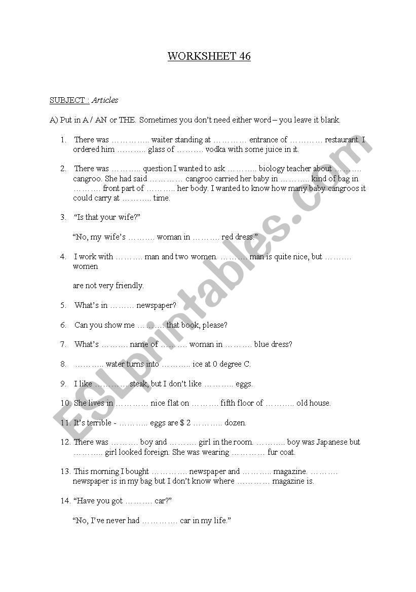 Articles worksheet