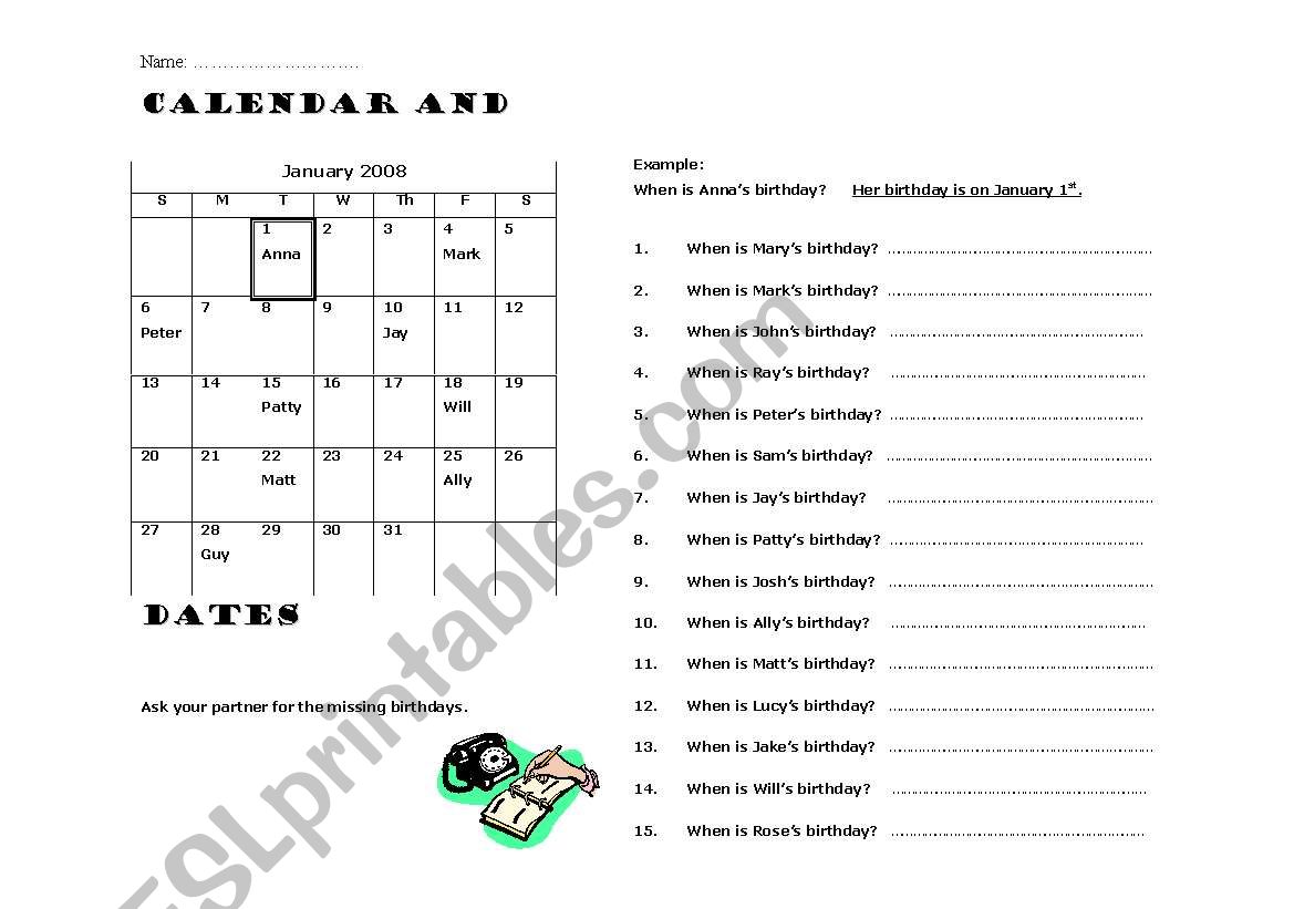 Calendar activity - Part 1 worksheet