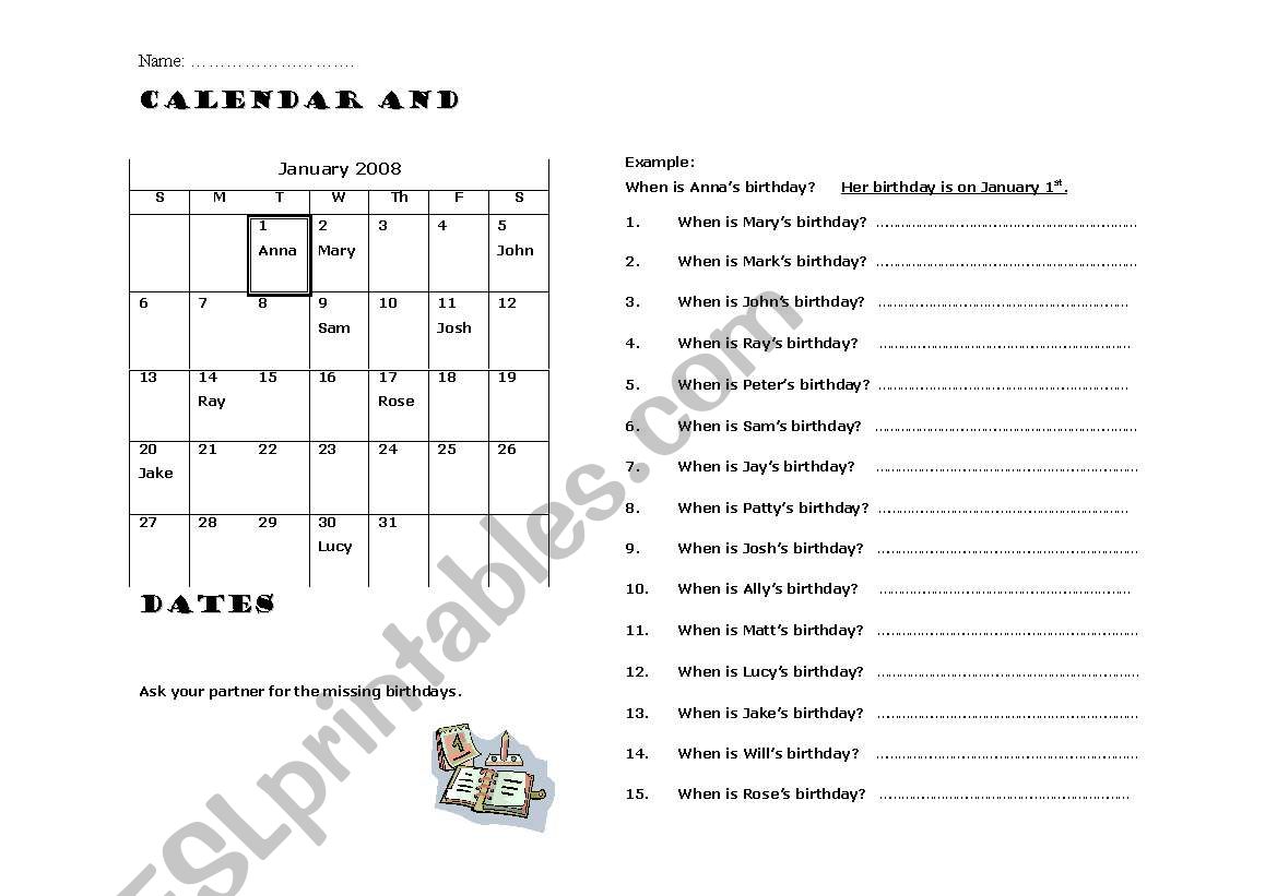 Calendar activity - Part 2 worksheet