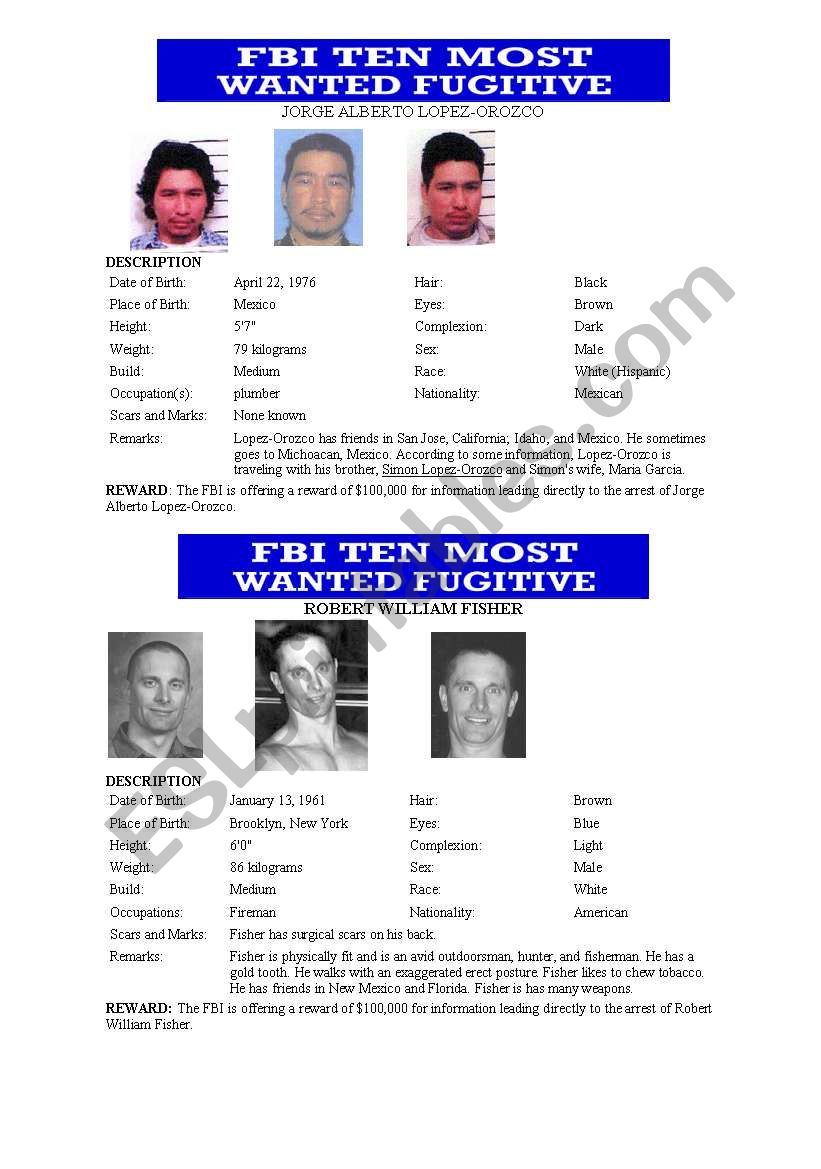 FBI Ten Most Wanted worksheet