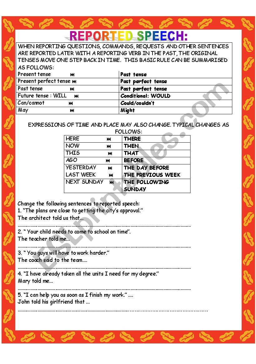 Reported Speech exercise worksheet