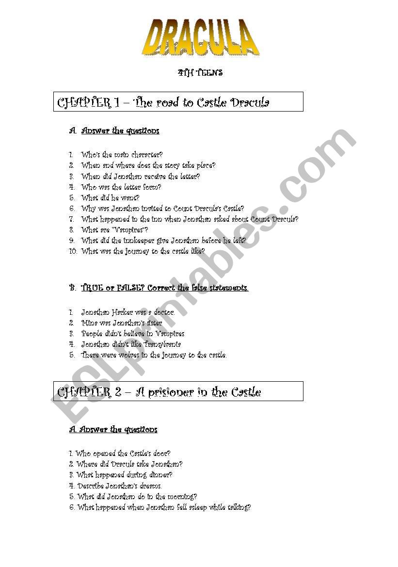 DRACULA - chapters 1 to 3 worksheet