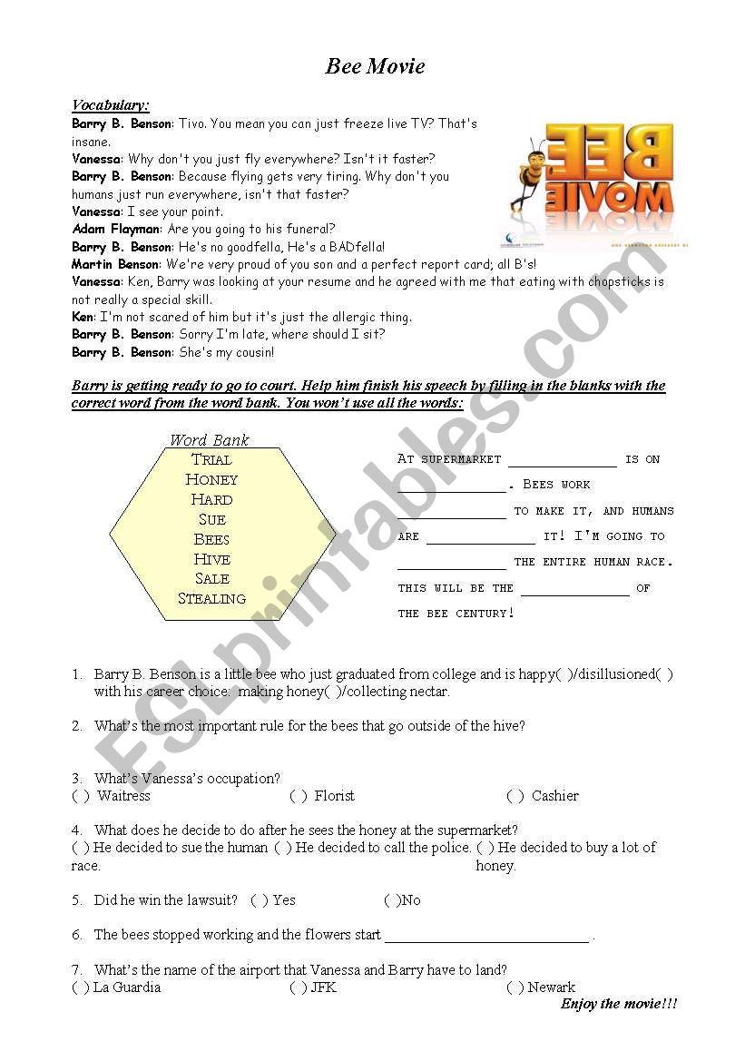 Bee Movie worksheet