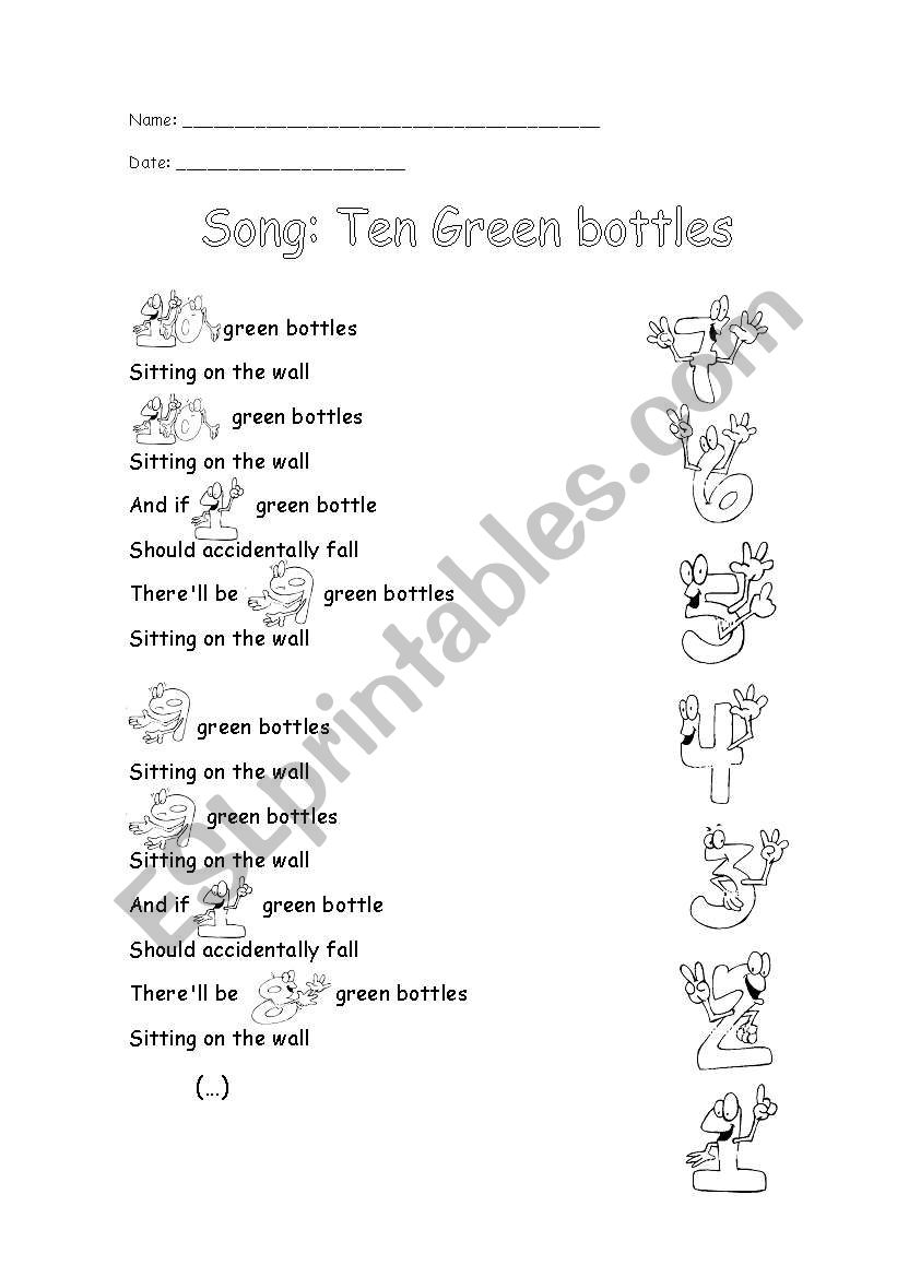 Ten Green Bottles worksheet