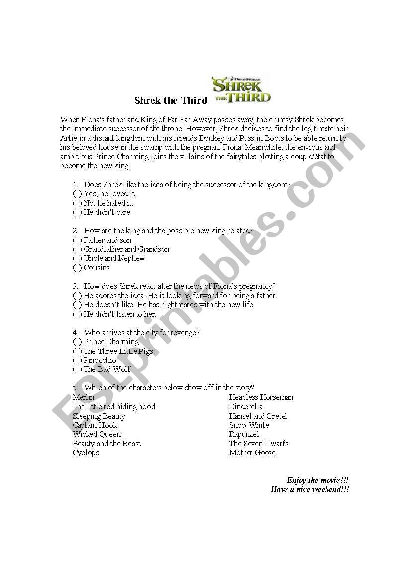 Shrek 3 worksheet