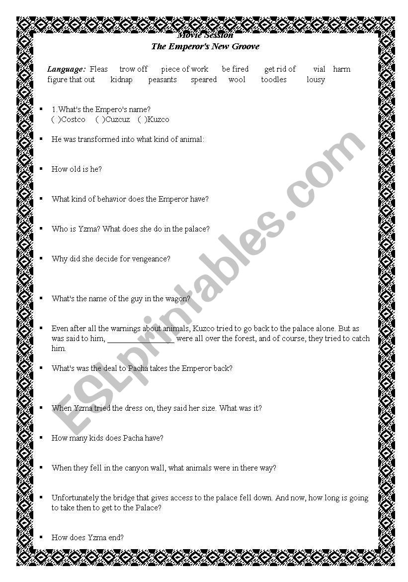 The Emperors New Groove worksheet