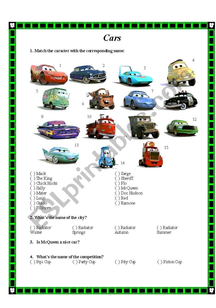 Cars worksheet