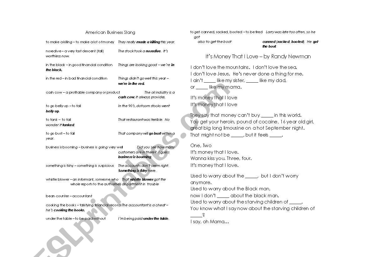 American Business Slang vocabulary and Randy Newman gap fill 