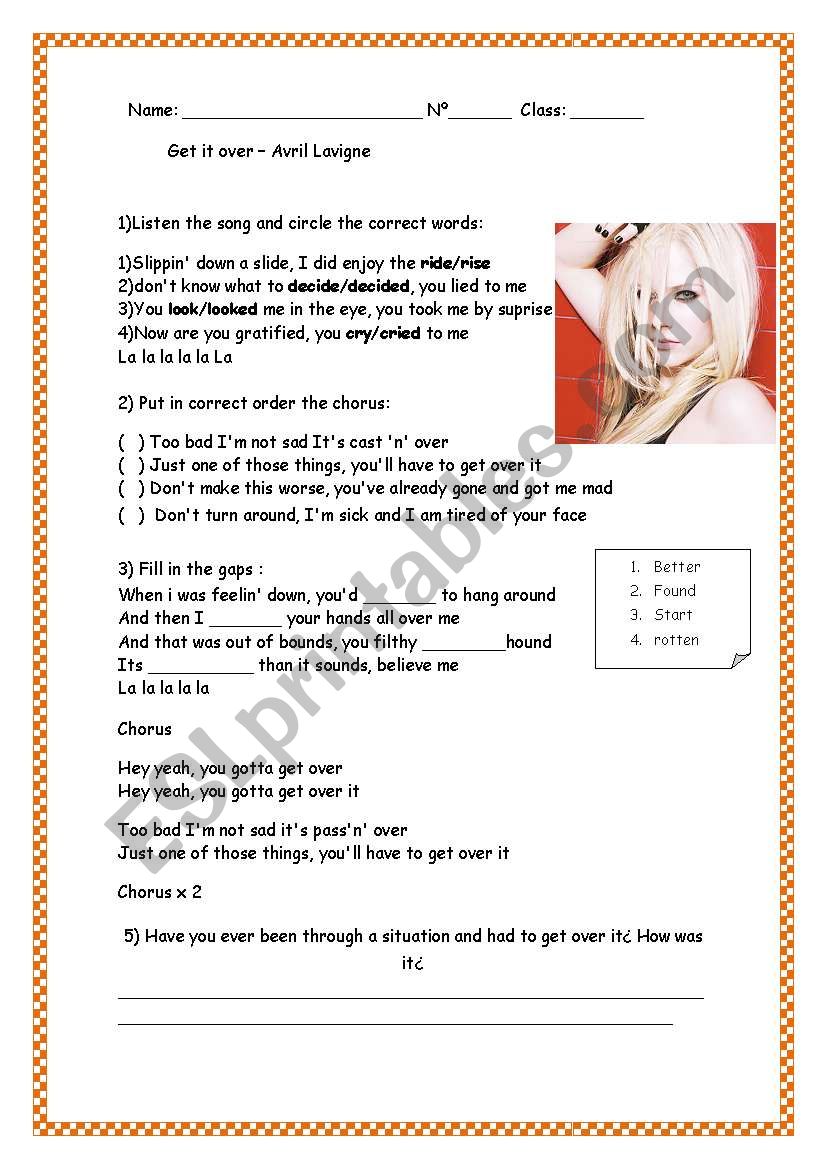 Get over it - Avril Lavigne - ESL worksheet by Melly Poulain