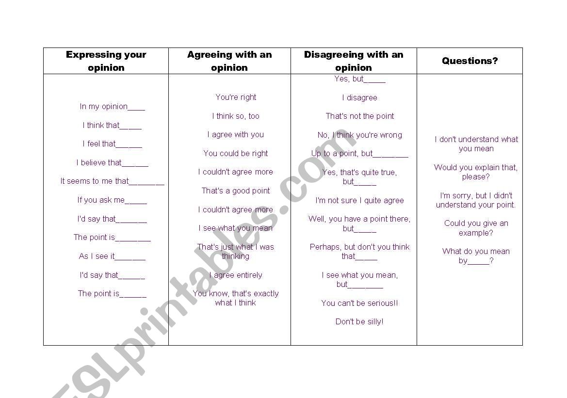 express your opinions worksheet