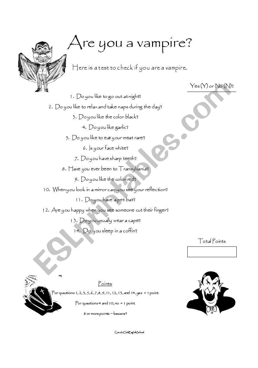 Vampire Test worksheet