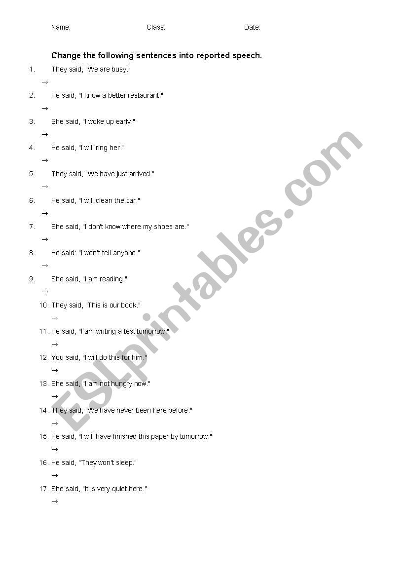 reported speech worksheet