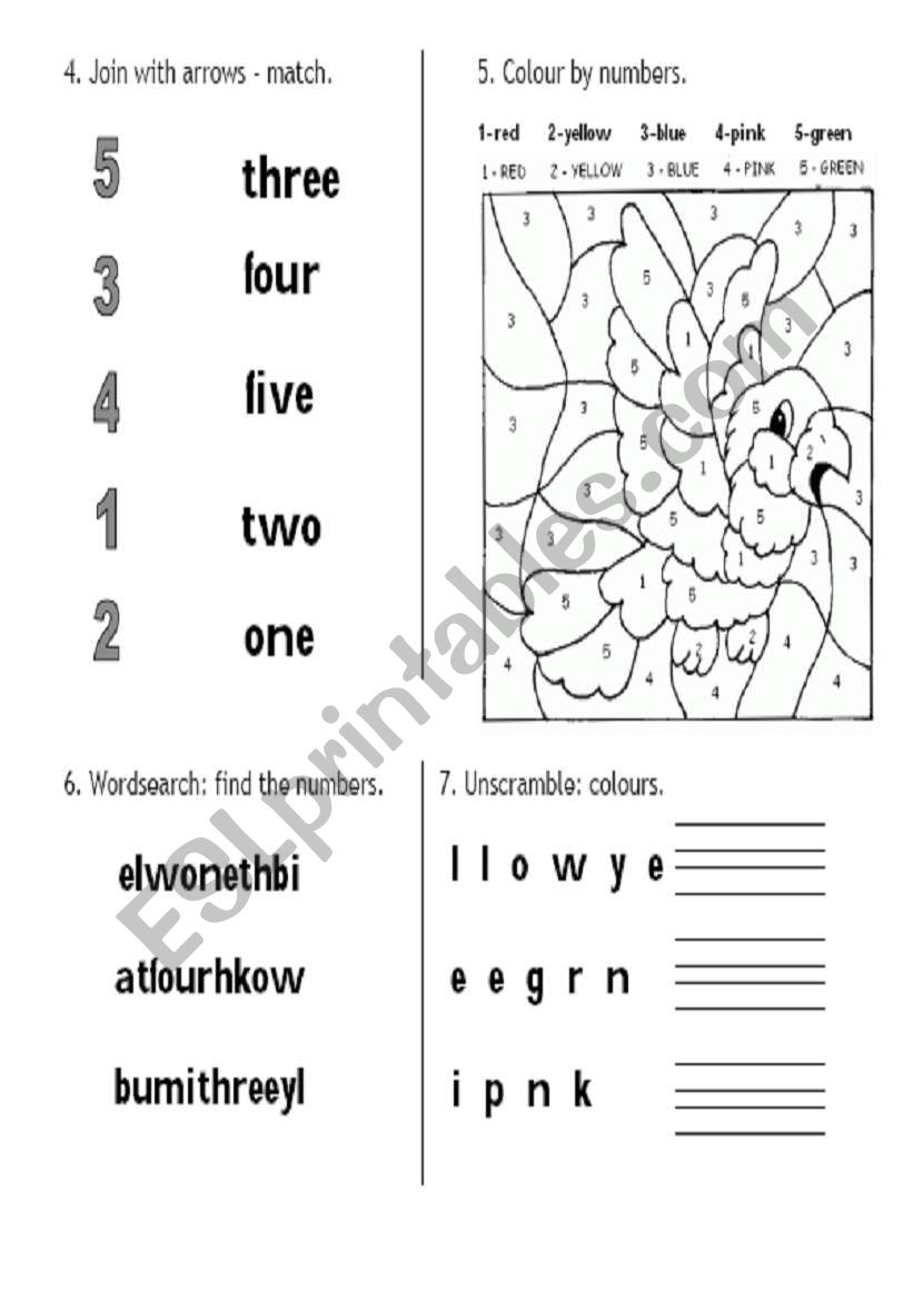 Colours and numbers (join, colour the picture, find and unscramble)