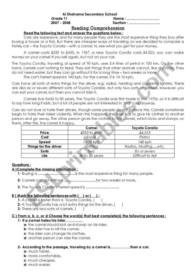 Reading Comprehension Test worksheet