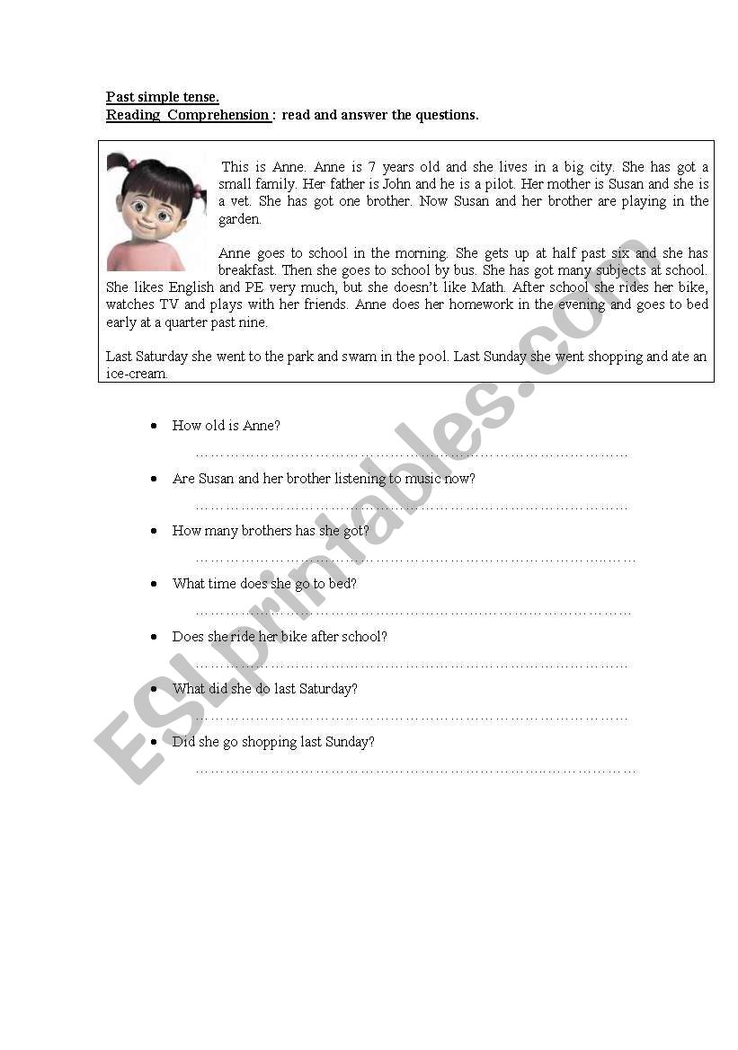 Past simple tense:reading comprehension exercise for kids