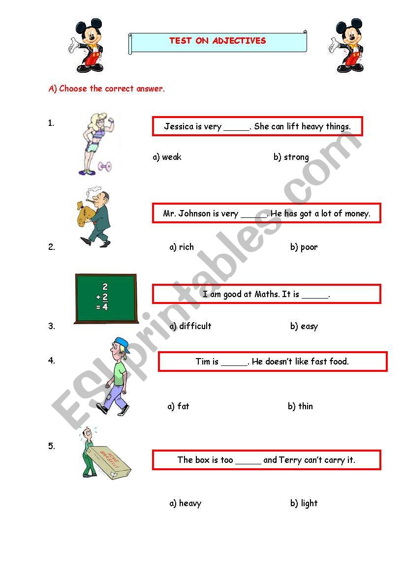 opposite adjectives test worksheet