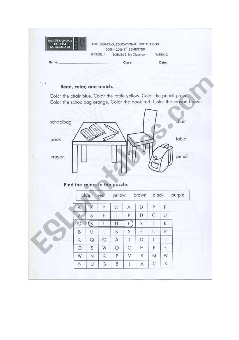 classroom objects worksheet