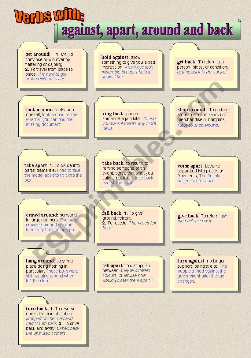 phrasal verbs with against, apart, around and back