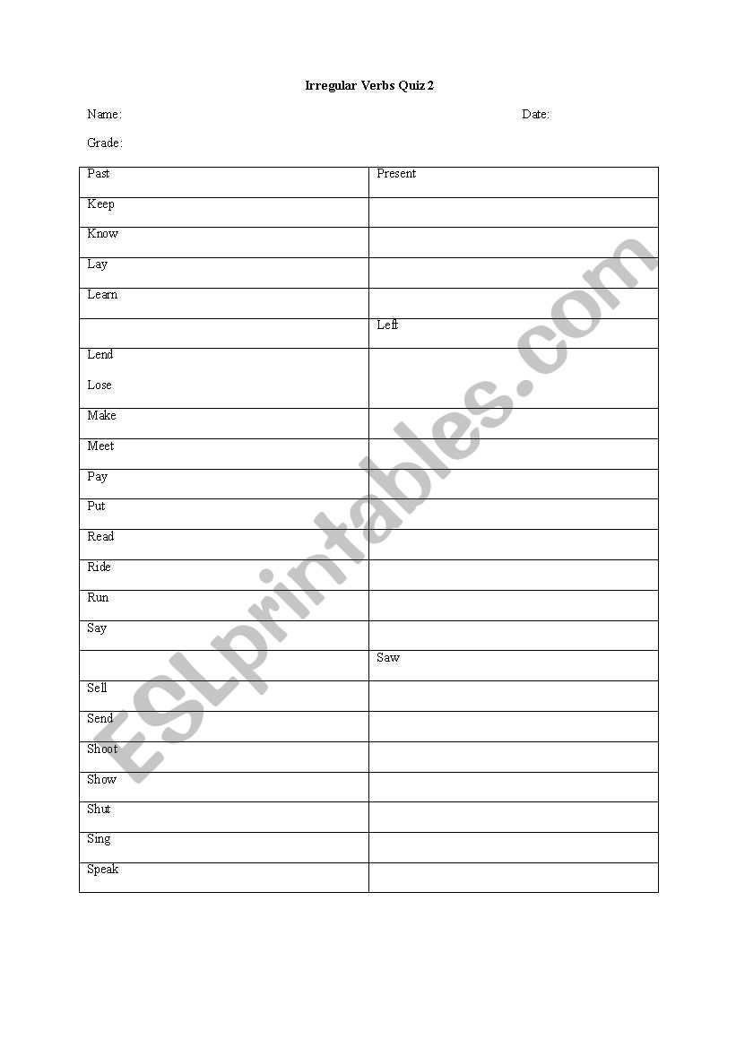 Irregular verbs set 2 worksheet