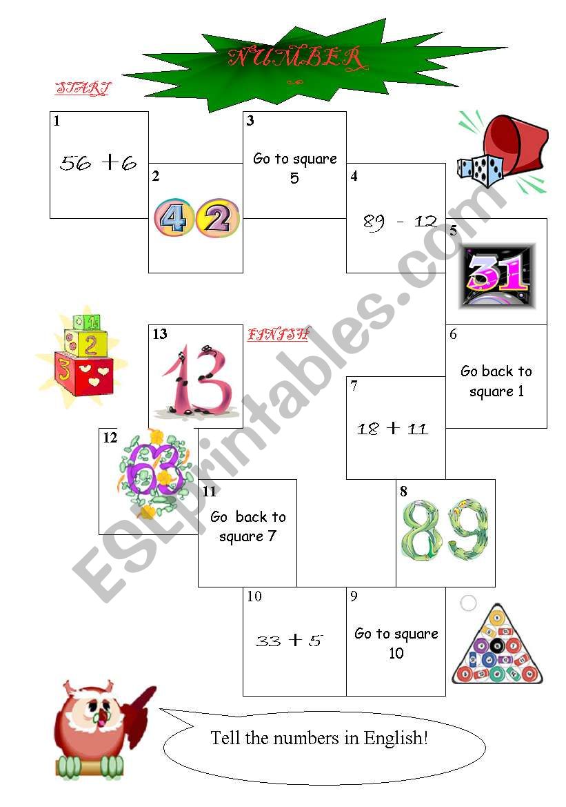 Gameboard on numbers worksheet