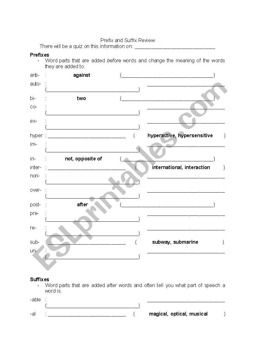 Prefix and Suffix Review Sheet