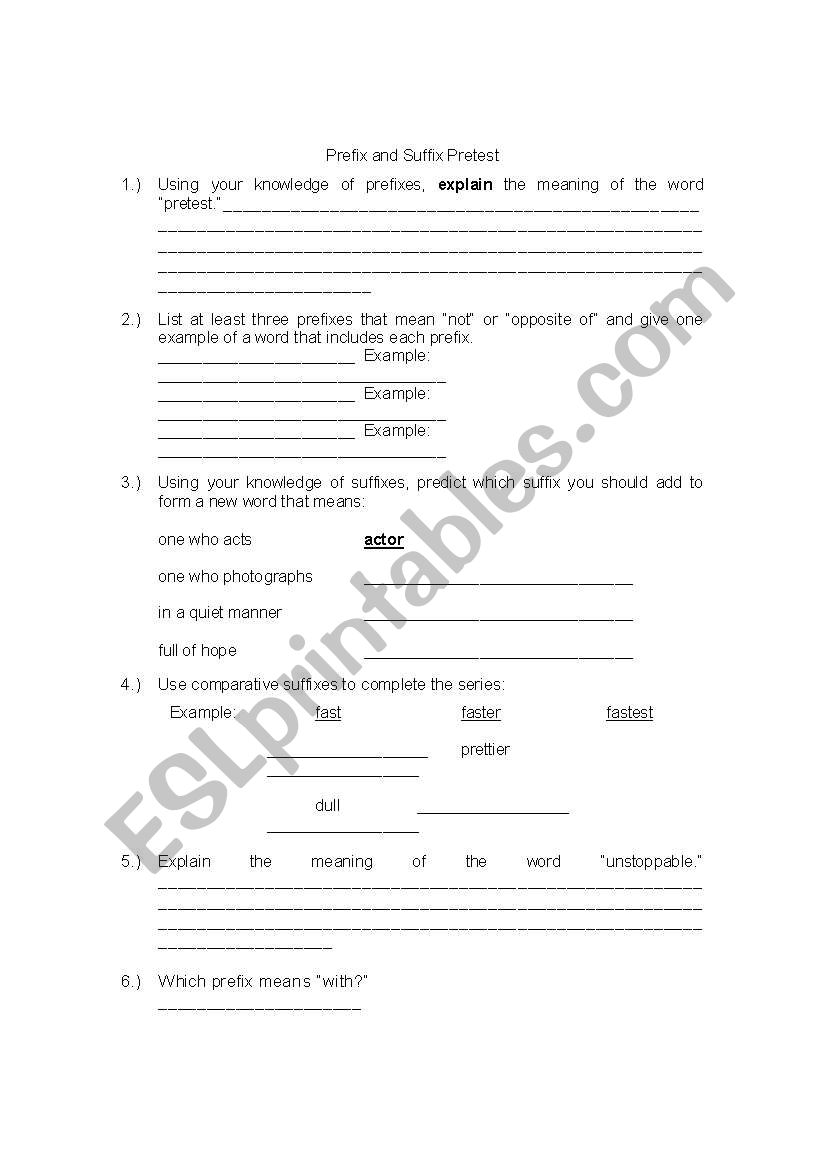 Prefix and Suffix Pretest worksheet