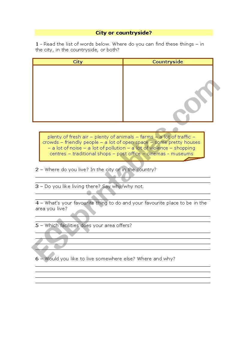city or countryside? worksheet