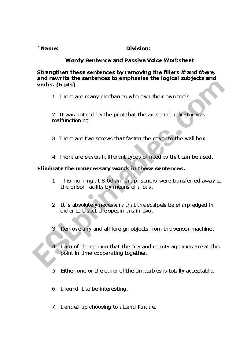 Wordy Sentence and Passive Voice Worksheet