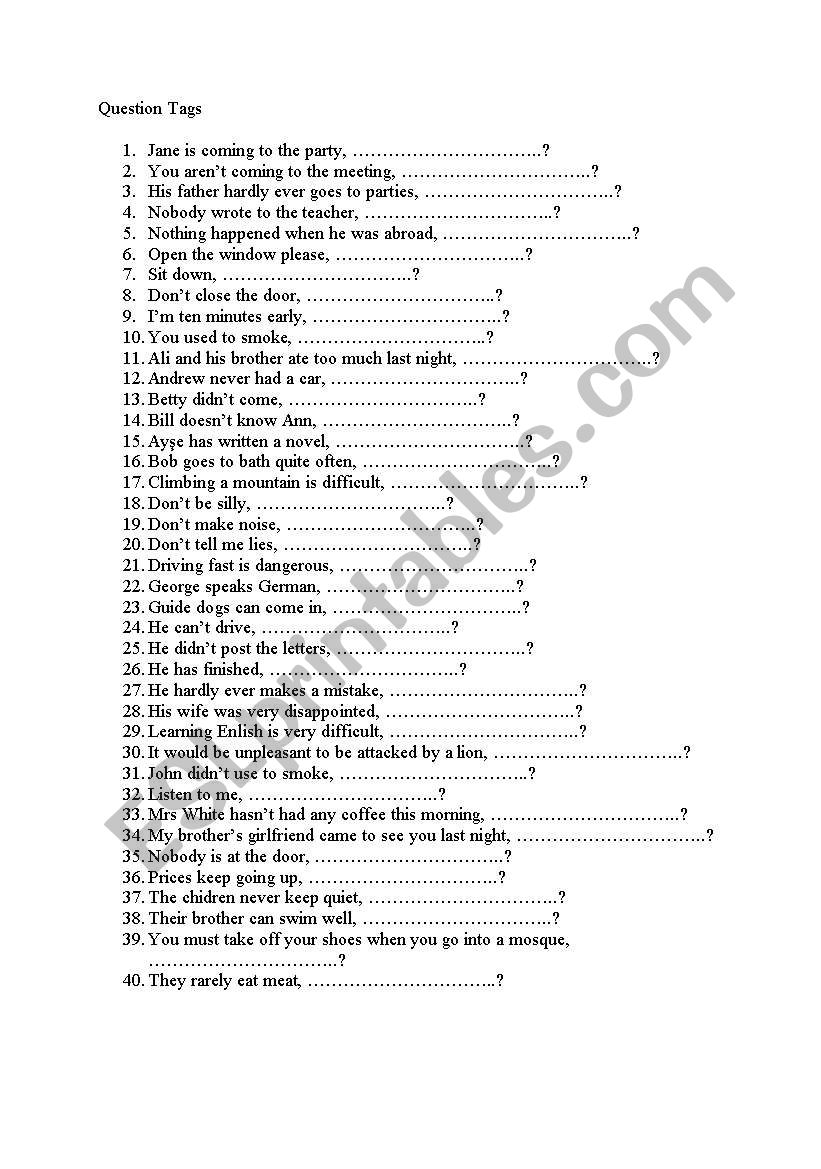 tag questions worksheet