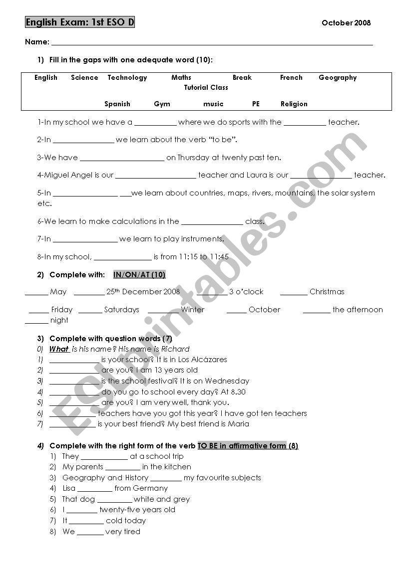 ELEMENTARY ENGLISH TEST worksheet