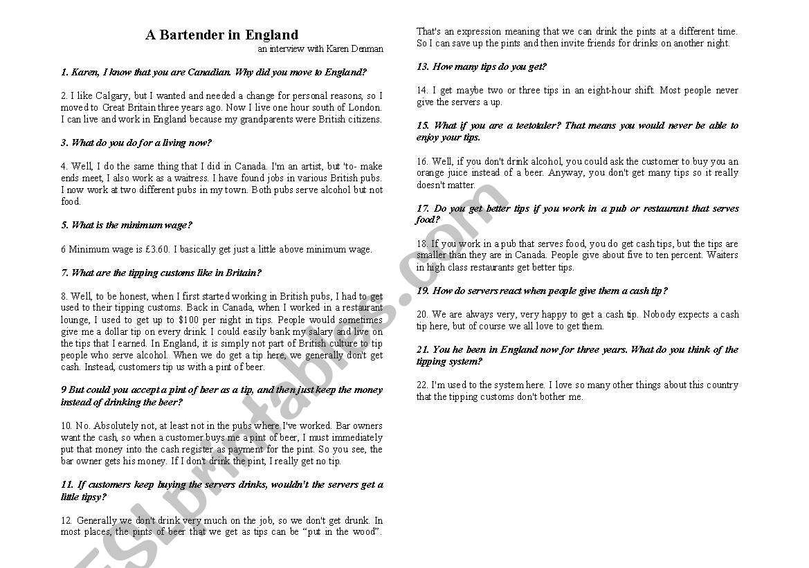 A Bartender in England worksheet