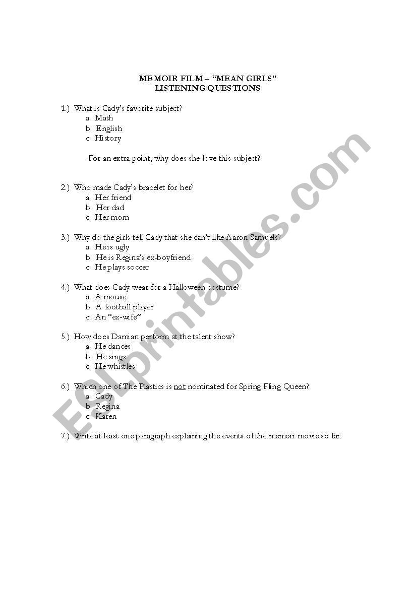 Mean Girls Listening Activity worksheet