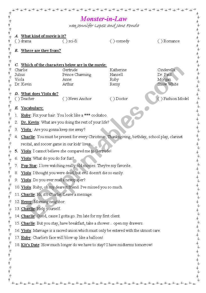 Monster-in-law worksheet