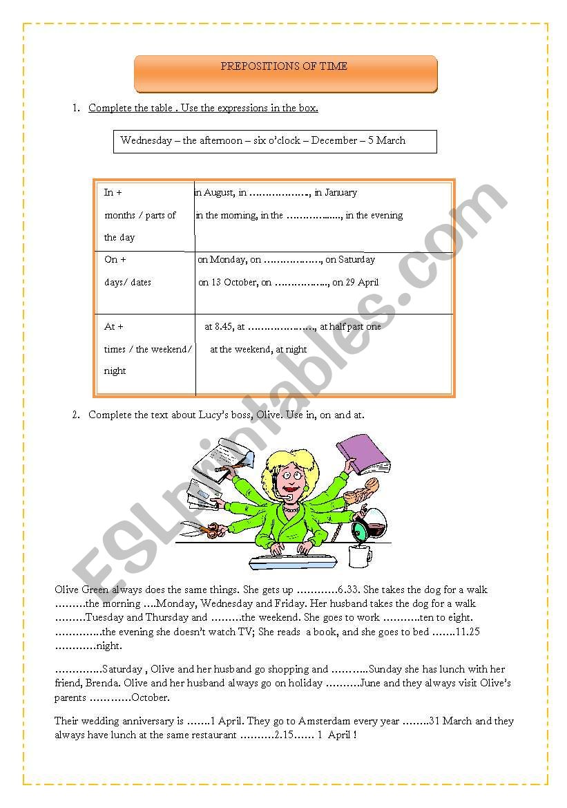 Prepositions of time worksheet