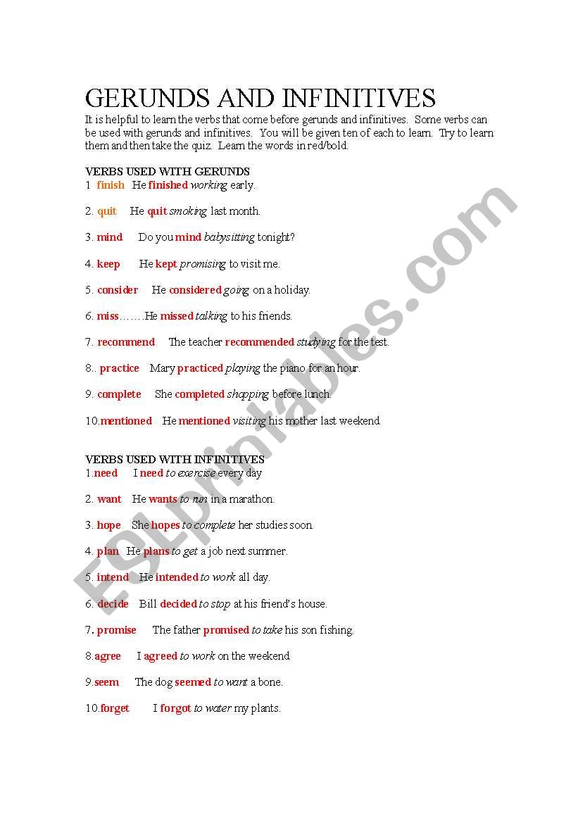 GERUNDS AND INFINITIVES worksheet