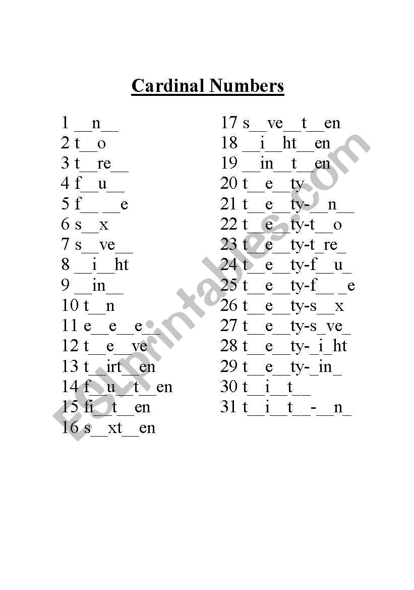 Cardinal Numbers ESL worksheet