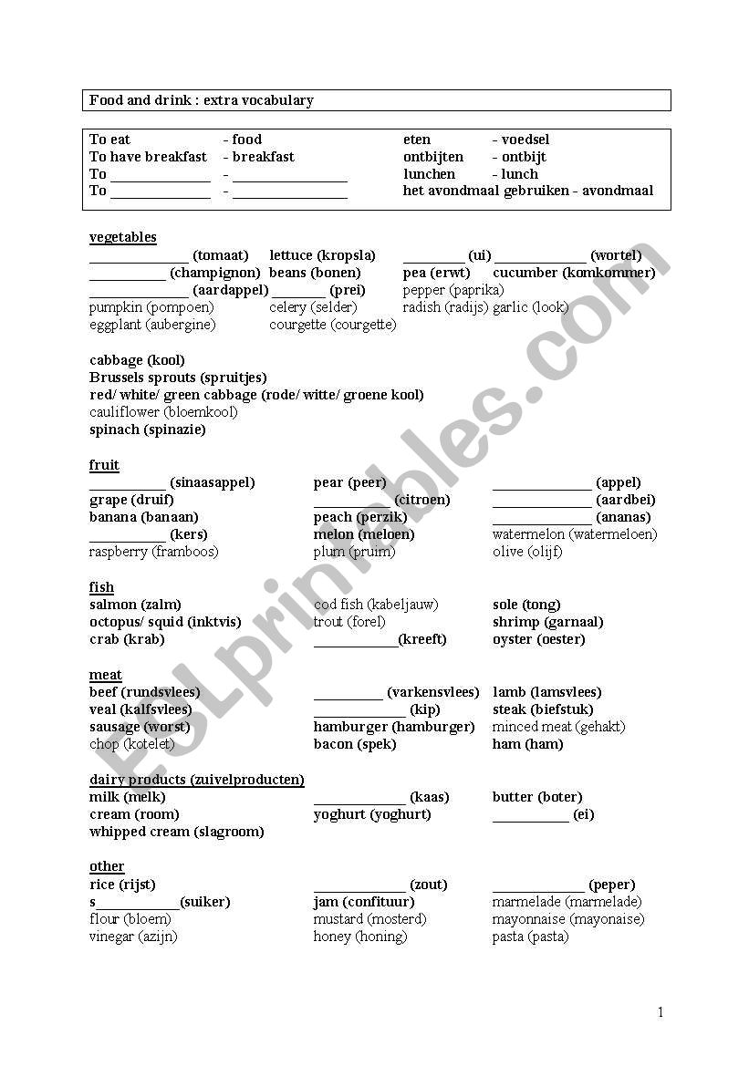 Food and drink worksheet