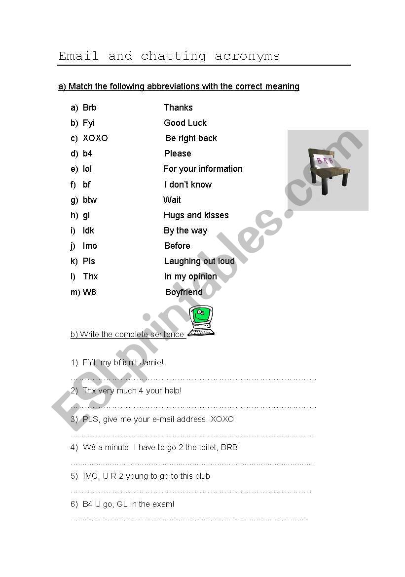 Email and Chatting Acronyms worksheet