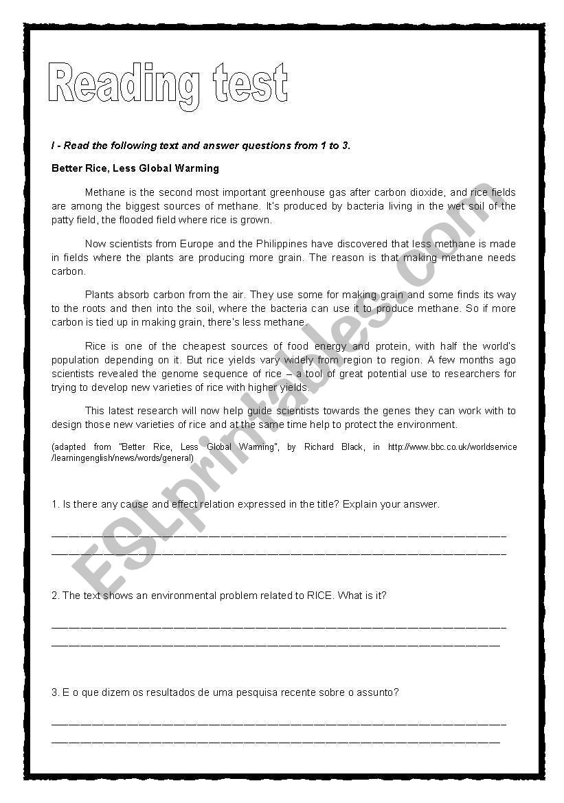 Reading Test 1 worksheet